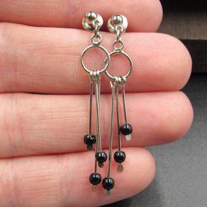 Sterling Silver Triple Hanging Black Stone Dangle Earrings Vintage Wedding